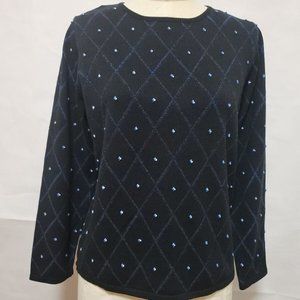 Womens Scoop Neck Black Sweater with Blue Diamond Pattern in Size Medium